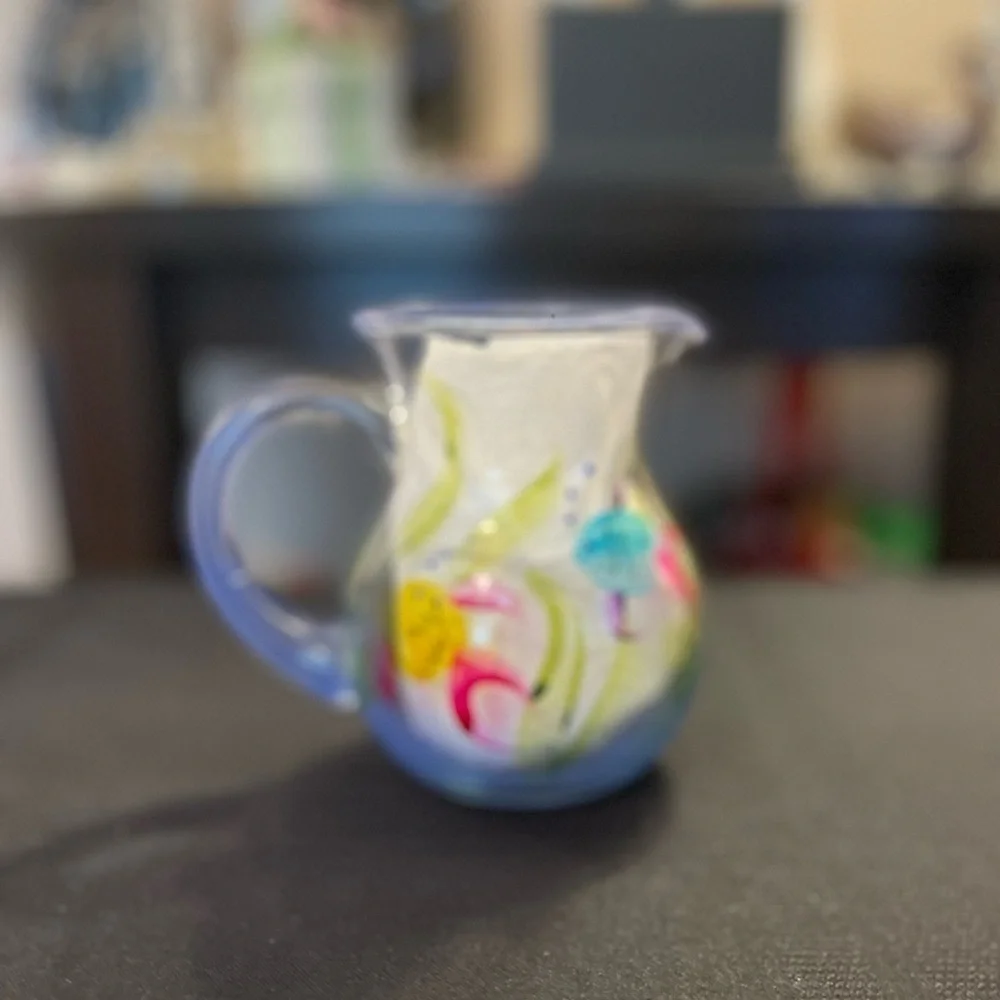Small Hand Painted Blown Glass Pitcher Applied Handle Creamer W/Tropical Fish.